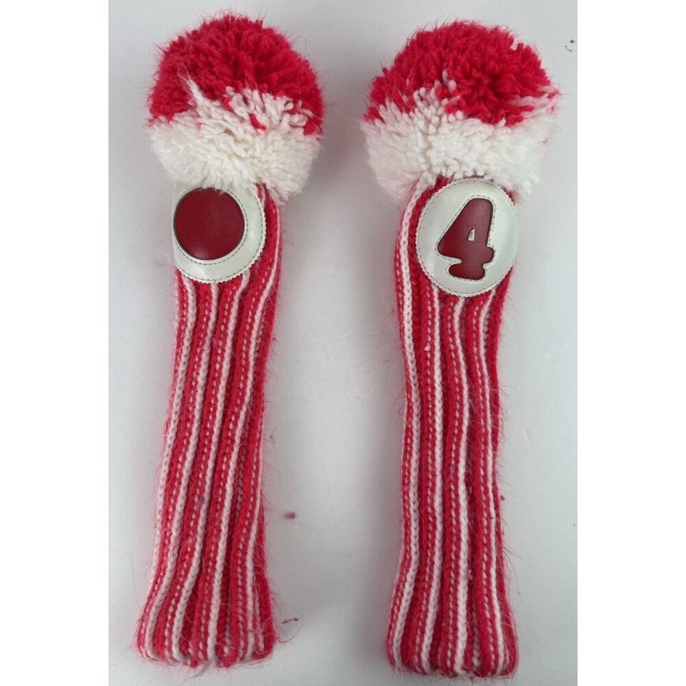 Vintage Golf‎ Club Head Covers Set of 2 Knit Pom Pom Red White Leather Patch GUC